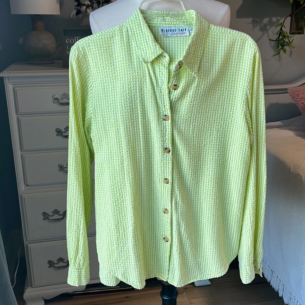Vintage Bedford Fair Lifestyles Lime Green 90s Seersucker Checked Blouse Women M - Picture 2 of 9